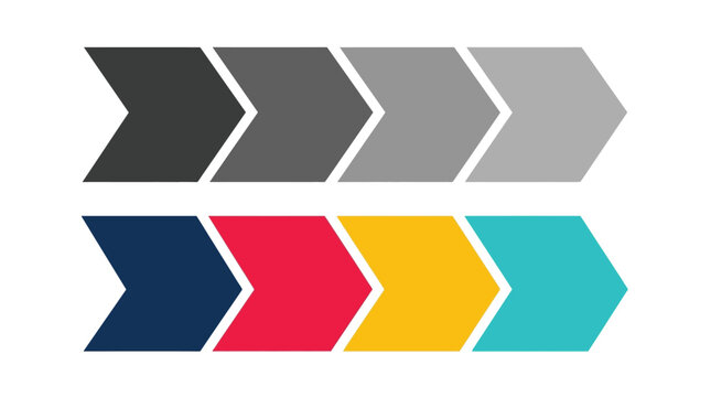 Horizontal chevron arrow infographic steps vector illustration featuring monochrome gradients and bright color block palettes 