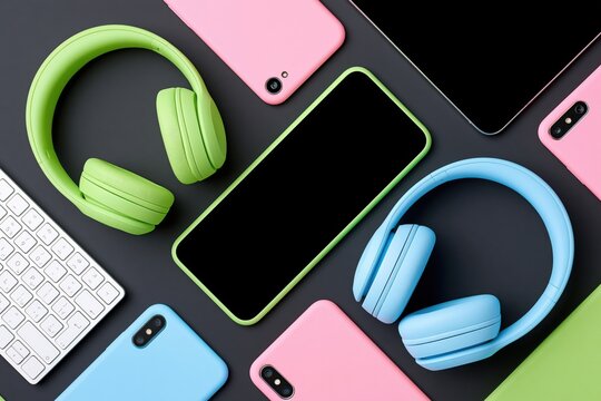 Bold overhead flat lay of unbranded tech accessories including smartphones, headphones, and tablet on dark background