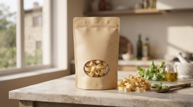 Coffee bean bag and scoop of roasted coffee beans on a kitchen countertop, product packaging mockup for specialty coffee