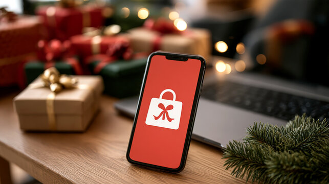 Christmas online shopping on smartphone with gifts laptop and festive decorations background