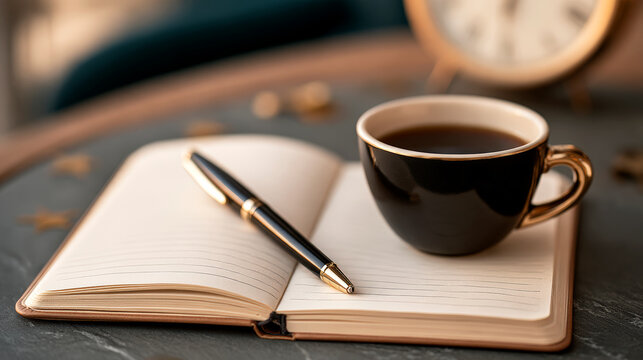 Open notebook with coffee and pen for mindful journaling and daily reflection
