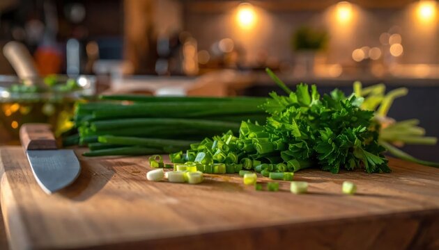 Fresh chopped green onions and parsley on wooden cutting board