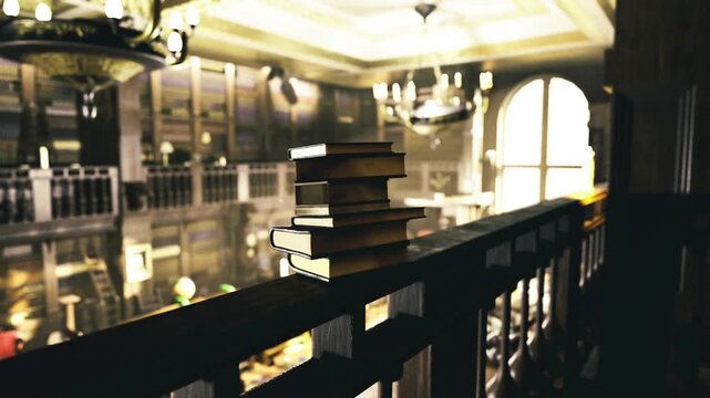 Stacked books on balcony banister with chandelier glow in background, closeup of spines and bindings suggests collector or antiquarian inspection