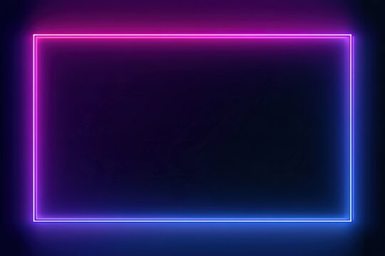 Glowing vibrant neon light rectangle border frame on dark background for digital futuristic displays.