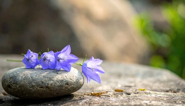 Purple bellflowers on a smooth stone in sunlight