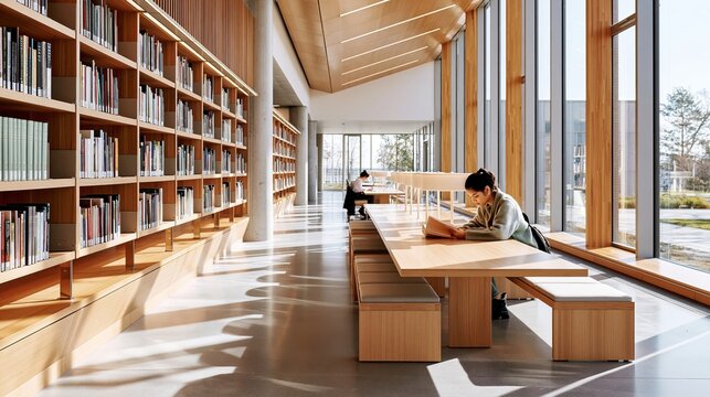 Bright modern university library interior with single female student reading at wooden table near large windows