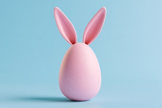 Pink easter egg with cute bunny ears on light blue background for spring holiday celebration art.