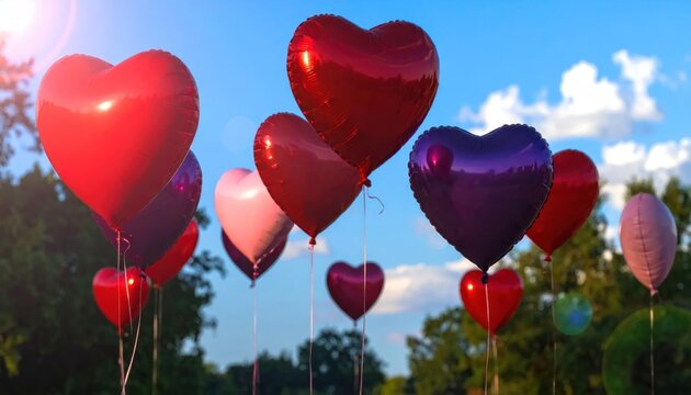 Colorful heart shaped balloons floating against a blue sky