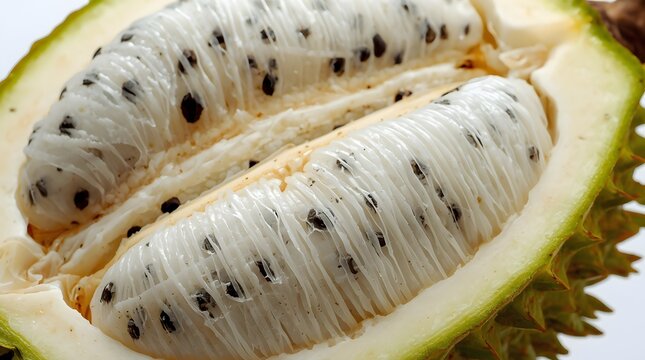 Extreme macro close-up of fresh soursop fruit pulp and black seeds inside the fruit cavity