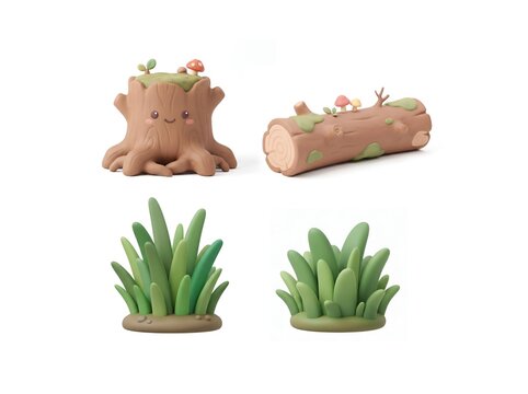 Cute 3D Forest Nature Elements with Tree Stump, Fallen Log and Wild Grass, Generative AI illustrator