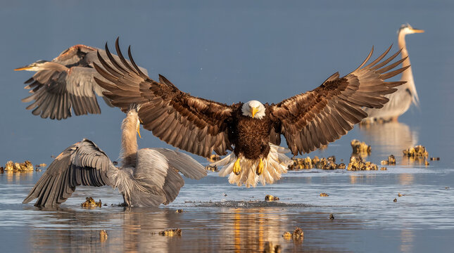 Bald eagle flying over water near great blue herons