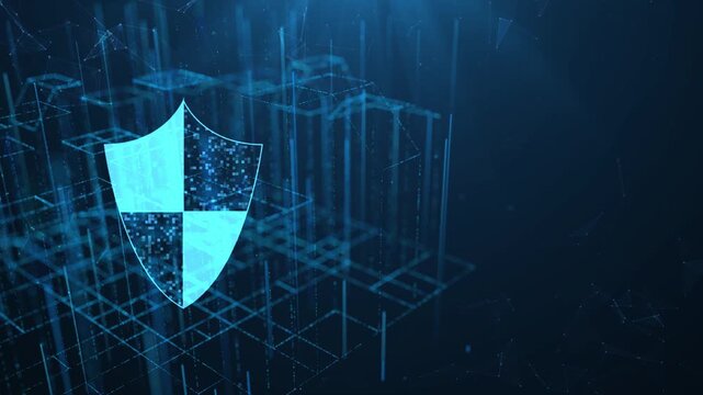 Abstract futuristic cyber security concept. a glowing digital shield icon on a wireframe city grid network.