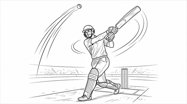 Cricket batsman hitting a ball in a stadium line art illustration