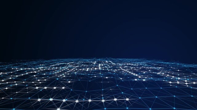 Digital technology mesh perspective background, glowing nodes and lines circuit structure, artificial intelligence data stream, futuristic cyber network grid, global communication background.