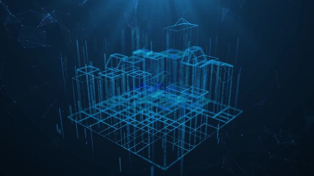 Futuristic cityscape, cyberspace buildings, high tech district, artificial intelligence technology, big data themes.