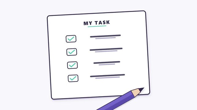 A pencil draws check marks on four empty checklist boxes in sequence, completing the task list in a clean loop.