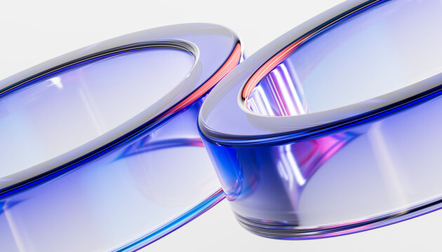 3D interlocking glass ring pair with blue and coral highlights on white technology background