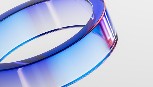 3D translucent glass ring with blue edge on white background for futuristic technology wallpaper
