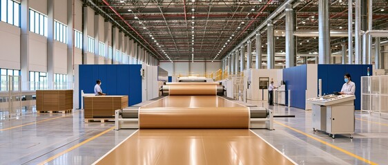 Obraz premium Corrugated board production line in modern factory with workers monitoring machinery