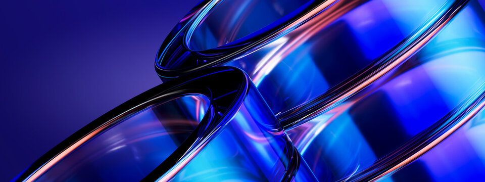 3D diagonal glass tube connection with blue neon reflection on dark futuristic wallpaper