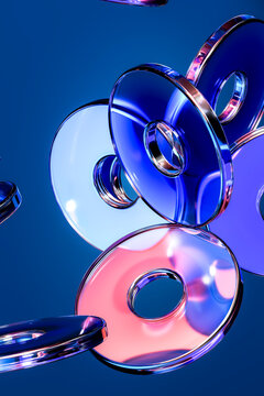 3D floating glass disc cluster with blue and coral reflection on clean technology background