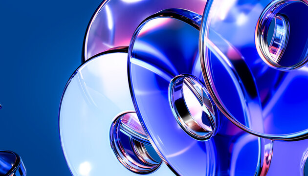 3D reflective glass disc closeup with cobalt blue surface for futuristic technology banner
