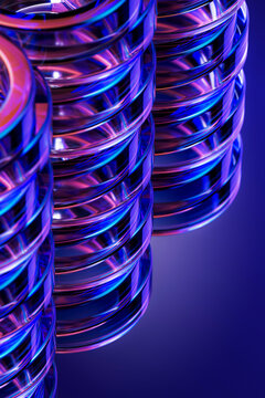 3D suspended glass coil column with purple copy space for futuristic technology poster