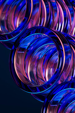 3D nested glass ring tunnel with blue and magenta glow for vertical abstract wallpaper