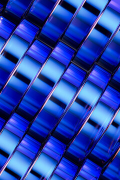 3D diagonal blue glass module grid with neon edge for vertical technology wallpaper