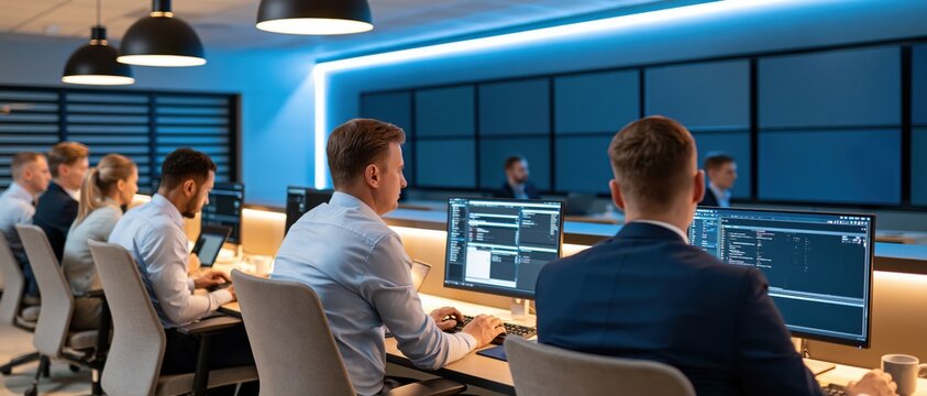 Emergency response coordination room with professionals monitoring data on computer screens under blue ambient lighting