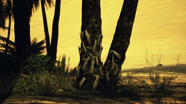 Palm trunk silhouettes along windswept beach at sunset siwa coastal memory with amber sky, textured bark, scattered vegetation, distant waves, moody warm tones