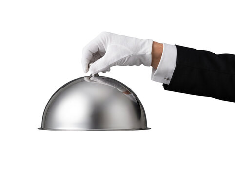 Male food service worker tux wearing gloved formal hand holding lid