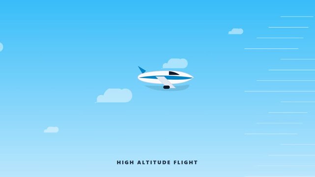 Minimalist 2D animation of a small airplane flying through clouds
