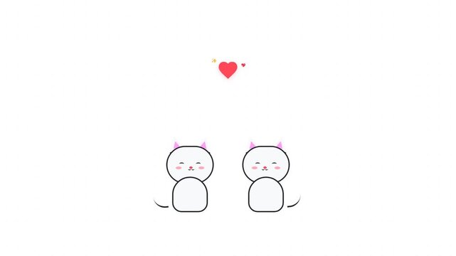 Minimalist animation of two cute white kittens in love with a floating heart