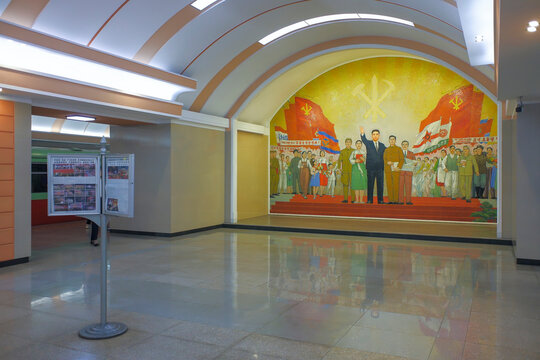Interior of Ponghwa subway station in Pyongyang, North Korea. Interior view.