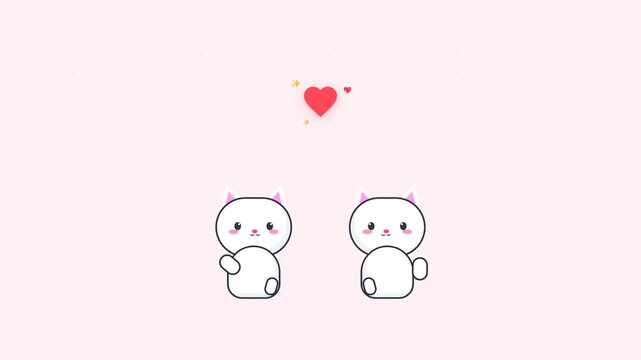 Cute cartoon cats waving at each other with a heart symbol