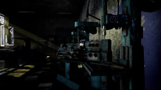 Dim engine room of starship, heavy machinery and rusted turbines surround flickering control panels hull breach reveals starfield beyond. Drifting particulate