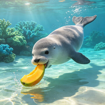 Adorable baby seal swimming underwater in a colorful tropical coral reef holding a slice of yellow mango fruit