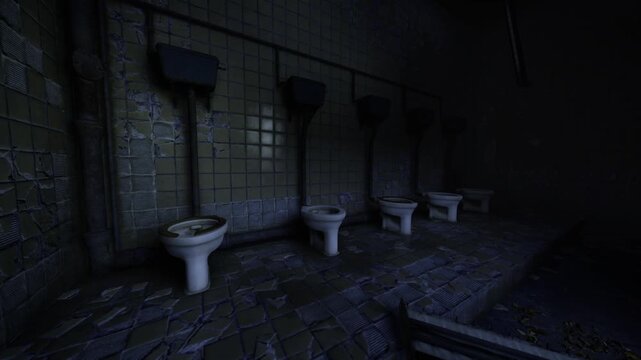 Claustrophobic tiled stalls with grimy toilets and low light, tensionfilled corridor evokes anxiety and solitude, psychological thriller backdrop