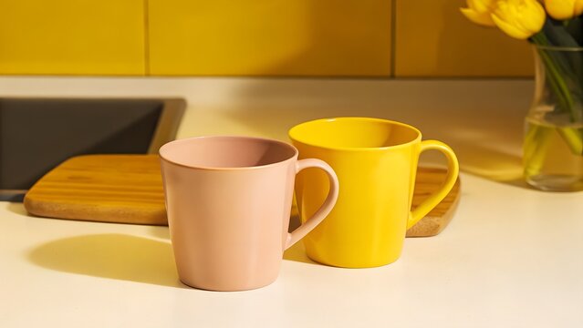 Two empty pastel ceramic mugs side by side on a clean kitchen counter