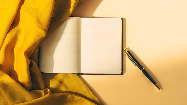 An open blank journal next to a modern brass pen on clean linen fabric