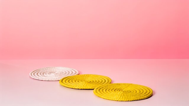 A set of three woven rattan coasters neatly arranged on a light oak table