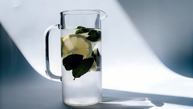 A clear glass pitcher filled with infused lemon water and mint