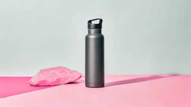 A sleek matte black water bottle standing on a dark textured rock