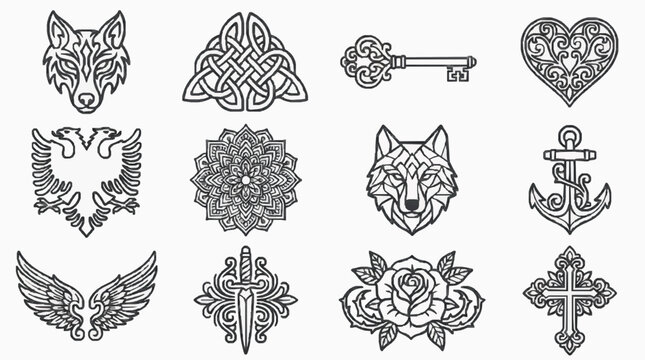 Tribal wolf head celtic knot double eagle mandala wing and dagger icons