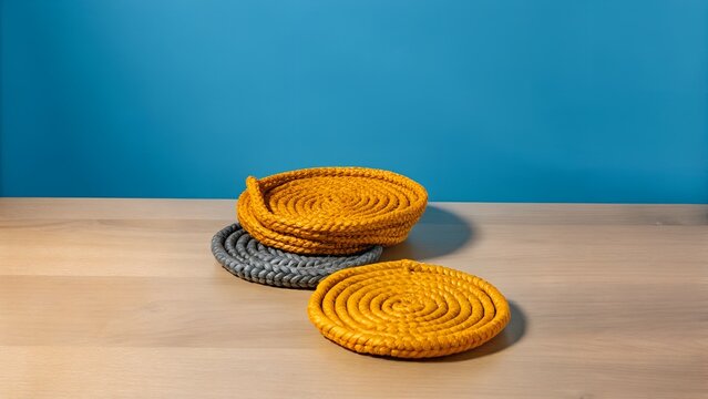 A set of three woven rattan coasters neatly arranged on a light oak table