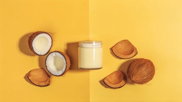 An organic coconut oil jar surrounded by fresh coconut slices