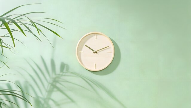 A minimalist wooden wall clock on a plain cream-colored wall