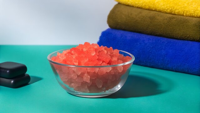 A clear glass bowl filled with sea salt crystals