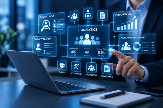 HR analytics business dashboard recruitment workforce planning performance Business professional using laptop with HR analytics dashboard, recruitment and workforce planning interface